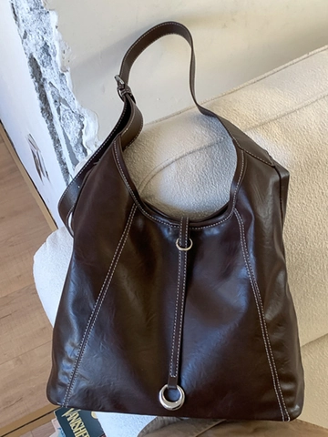 Bolso de Mano Retro de Cuero PU de Gran Capacidad para Mujer Costuras en Contraste Bolso de Hombro Axila Con Anillo de Metal
