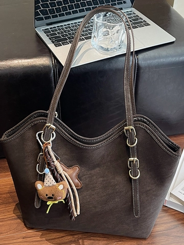 Borsa Tote Retro in Pelle PU per Donna Borsa a Tracolla a Grande Capacità Con Cuciture a Contrasto e Ciondolo Orsetto Borsetta Quotidiana