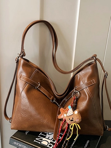 Bolso Tote de Cuero PU de Gran Capacidad para Mujer Con Costuras en Contraste Bolso de Hombro Urbano Simple Moda Diaria