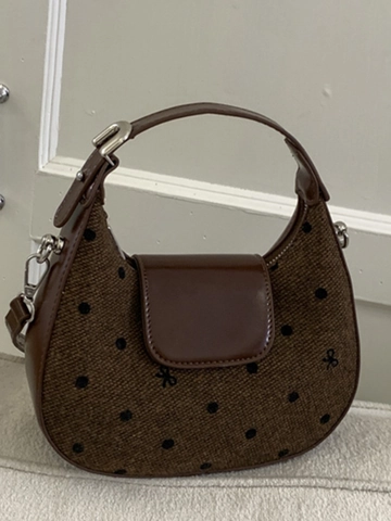 Women Fashion Polka Dot Bow Shoulder Bag Retro PU Leather Splicing Underarm Bag French Simple Hobo Crossbody Handbag For Daily