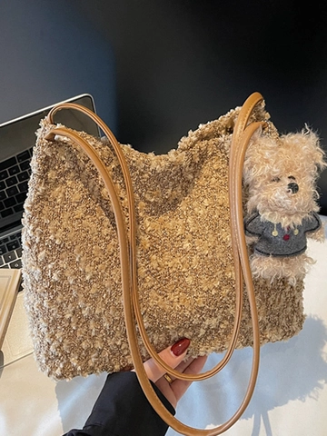 Borsa Tote in Peluche Casual da Donna Grande Capacità Finta Lana di Agnello Borsa a Spalla Con Ciondolo a Orsetto