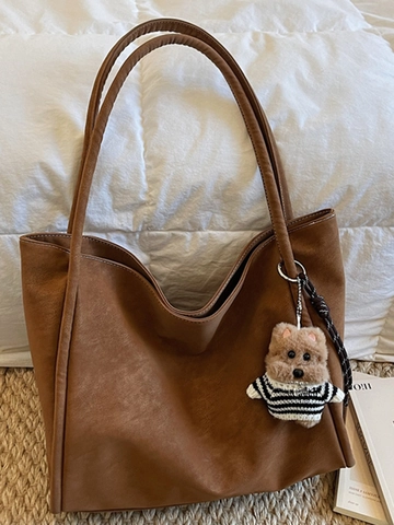 Dames Retro PU Leer Tote Bag Grote Capaciteit Minimalistische Schouder Handtas Met Beer Pluche Hanger Koreaanse Stijl Casual Tas