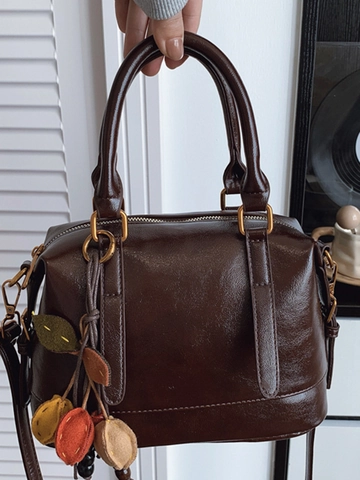 Vintage Women PU Leather Handbag Casual Boston Bag With Leaf Charm Adjustable Shoulder Strap Crossbody Bag Daily Office Work