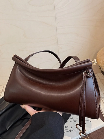 Borsa Baguette Minimalista in Pelle PU per Donna Borsa a Tracolla Retrò Tinta Unita Con Decorazione ad Anello in Metallo