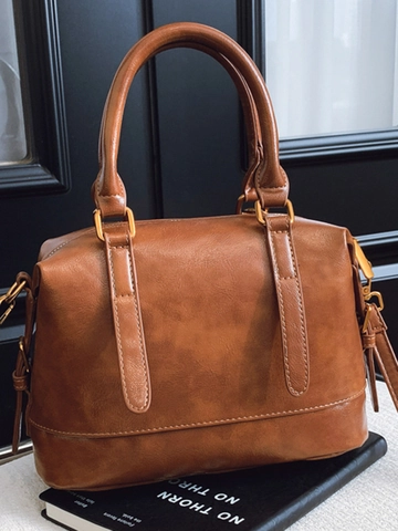Vintage Women PU Leather Handbag Casual Boston Bag With Leaf Charm Adjustable Shoulder Strap Crossbody Bag Daily Office Work
