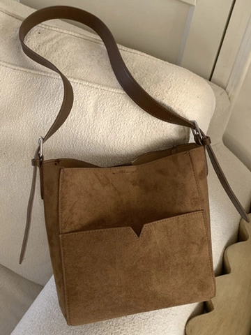 Borsa a Secchiello da Donna in Pelle PU con Texture Scamosciata Minimalista Grande Capacità Tracolla Singola Con Tasca a V Borsa Pendolare