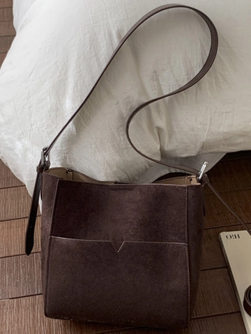 Borsa a Secchiello da Donna in Pelle PU con Texture Scamosciata Minimalista Grande Capacità Tracolla Singola Con Tasca a V Borsa Pendolare