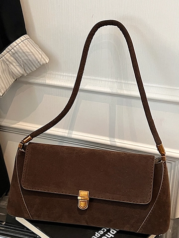 French Retro Suede Underarm Bag For Women Elegant Baguette Bag With Gold Metal Lock Autumn Winter Fashion Shoulder Bag