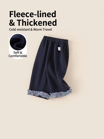 Mädchen Winter Warme Fleece Gefütterte Hose Kinder Weites Bein Freizeithose Marineblau Karierte Rüschensaum Baumwolle Kids Bottoms