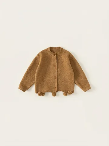 Gilet en Tricot pour Filles Pull Manches Longues Veste à Boutons Avec Bord à Pompons Style Mori Vêtements Jaune Moutarde