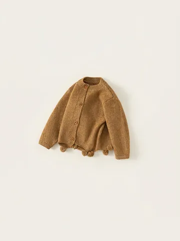 Gilet en Tricot pour Filles Pull Manches Longues Veste à Boutons Avec Bord à Pompons Style Mori Vêtements Jaune Moutarde