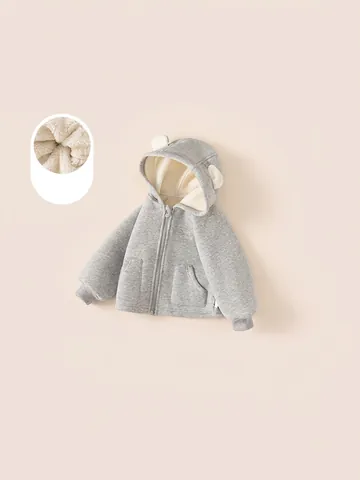Giacca Con Cappuccio per Bambini In Pile Ispessito Inverno Misto Cotone Capispalla Con Orecchie di Orso Grigio