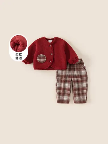 Kleinkind Jungen Mädchen Winter Warm Fleece Jacke Und Karierte Hose Verdickte Gepolsterte Rote Outfit Langarm Kleidung