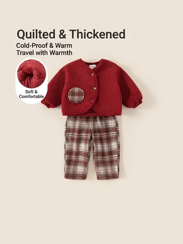 Kleinkind Jungen Mädchen Winter Warm Fleece Jacke Und Karierte Hose Verdickte Gepolsterte Rote Outfit Langarm Kleidung