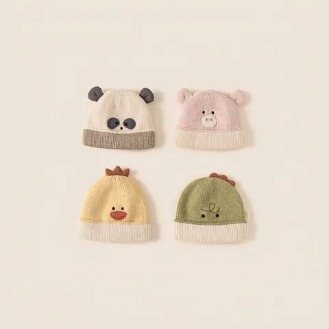 Cute Cartoon Animal Baby Knit Hat Polyester Embroidered Winter Warm Ear Protection Beanie For Toddler Boys Girls Accessories