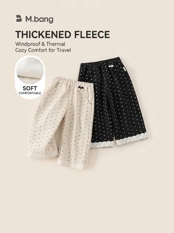 Toddler Girls Polka Dot Wide Leg Pants Winter Fleece Lined Thickened Casual Trousers With Bowknot Lace Trim Kids Clothing