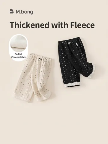 Toddler Girls Polka Dot Wide Leg Pants Winter Fleece Lined Thickened Casual Trousers With Bowknot Lace Trim Kids Clothing