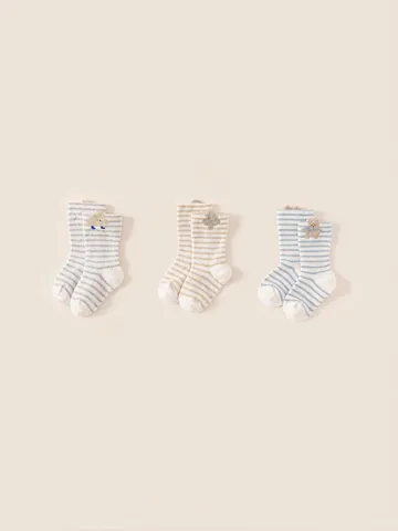 Calcetines de Media Caña a Rayas Engrosados para Niños Pequeños Dibujos Animados Bordados Calcetines Térmicos de Invierno Niños Niñas
