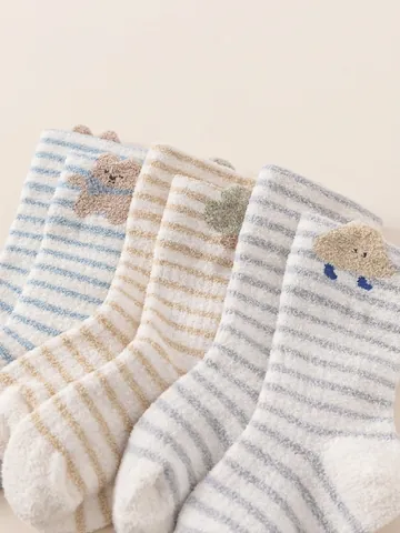 Calcetines de Media Caña a Rayas Engrosados para Niños Pequeños Dibujos Animados Bordados Calcetines Térmicos de Invierno Niños Niñas