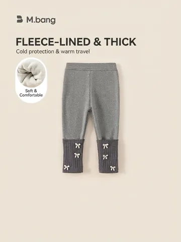 Girls Viscose Knitted Winter Warm Fleece Leggings Spliced Bow Artificial Pearl Decoration Kids Thickened Gray Daily Pants