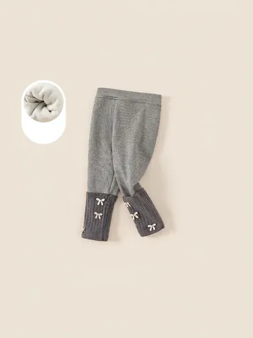Girls Viscose Knitted Winter Warm Fleece Leggings Spliced Bow Artificial Pearl Decoration Kids Thickened Gray Daily Pants