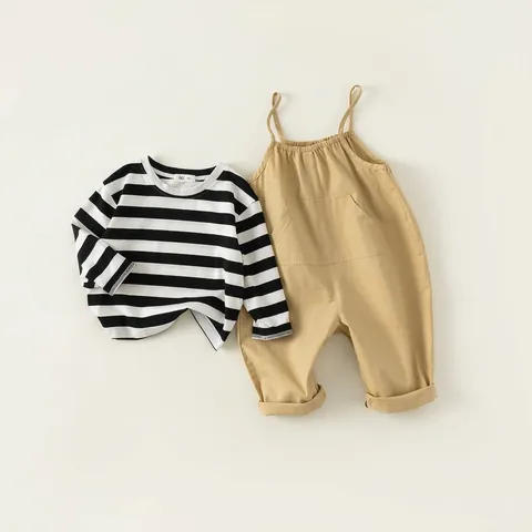 Cotton Striped Long Sleeve T-Shirt And Suspender Pants Clothing For Boys Casual Spring Autumn Baby Boy Top And Overalls