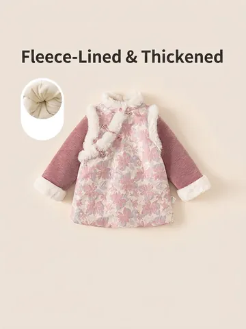 Chinesischer Stil Qipao Kleid Für Mädchen Winter Dick Warm Fleece Gefüttert Blumen Retro Neujahr Party Traditionelles Kleid