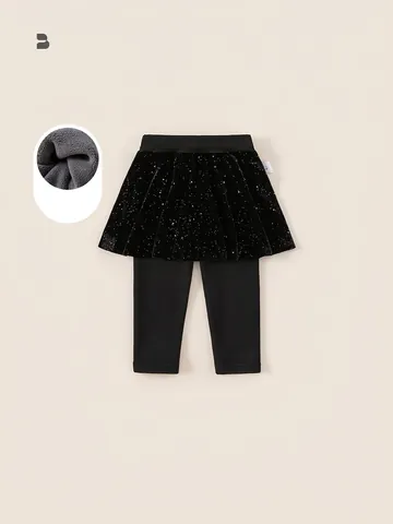 Leggings Jupe-Culotte Doublés de Polaire d'Hiver pour Filles Épais Faux Deux Pièces Pantalons Chauds à Paillettes Brillantes Noires pour Enfants Vêtements
