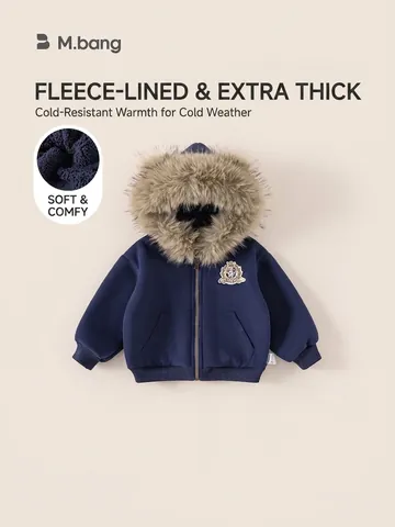 Kinder Winter Kapuzenjacke Marineblau Fleece Gefütterter Mantel Mit Kunstpelzkragen Cartoon Stickerei Dicke Warme Oberbekleidung