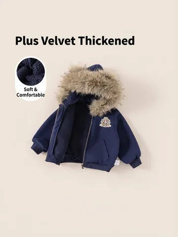 Giacca Invernale con Cappuccio per Bambini Blu Marino Foderata in Pile con Collo in Pelliccia Sintetica Ricamo Cartone Animato