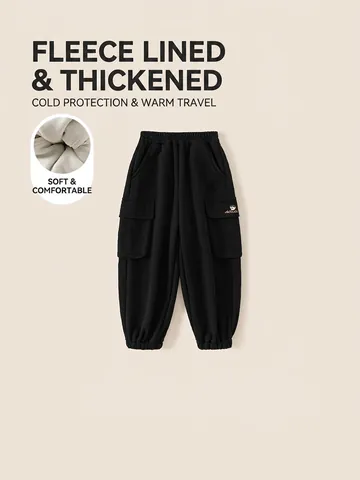 Jungen Fleecegefütterte Cargo-Jogginghose Winter Warm Baumwolle Jogginghose Für Kinder Schwarz Rippbündchen Elastischer Bund Lässige Sporthose