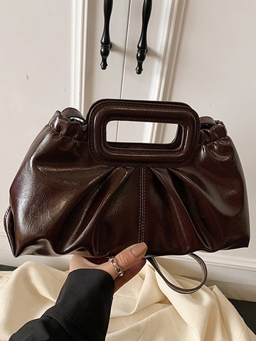 Bolso de Hombro de Cuero PU Plisado Vintage para Mujer Bolso Nube Brillante Con Asa Rectangular Bandouliera Color Sólido