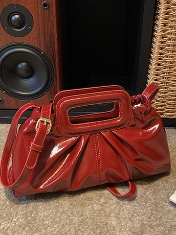 Bolso de Hombro de Cuero PU Plisado Vintage para Mujer Bolso Nube Brillante Con Asa Rectangular Bandouliera Color Sólido
