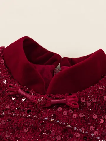 Mädchen Fleece Gefüttertes Pailletten Prinzessin Kleid Netz Tüll Festliches Abendkleid Chinesischer Stil Stehkragen Langarm Kleidung