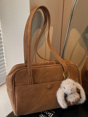 Borsa Tote in Velluto a Coste di Grande Capacità Donna Retrò Minimalista a Tracolla Con Ciondolo a Coniglio in Peluche