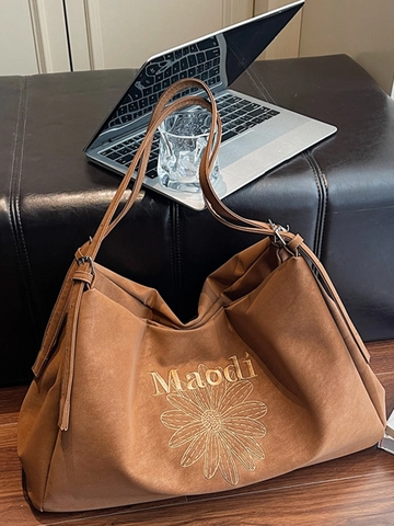 Große PU Einkaufstasche Für Damen Vintage Gänseblümchen Bestickt Schultertasche Pendler Handtasche Hobo Mode Reise Umhängetasche