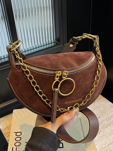Women Suede Texture PU Saddle Bag Retro Half Moon Shoulder Bag With Gold Chain Ring Puller Urban Simple Crossbody Handbag