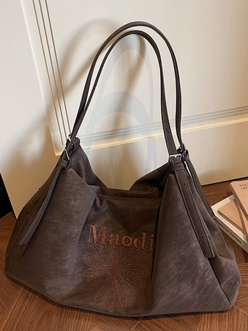 Große PU Einkaufstasche Für Damen Vintage Gänseblümchen Bestickt Schultertasche Pendler Handtasche Hobo Mode Reise Umhängetasche