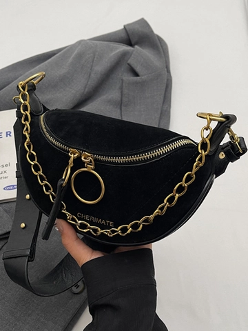 Women Suede Texture PU Saddle Bag Retro Half Moon Shoulder Bag With Gold Chain Ring Puller Urban Simple Crossbody Handbag
