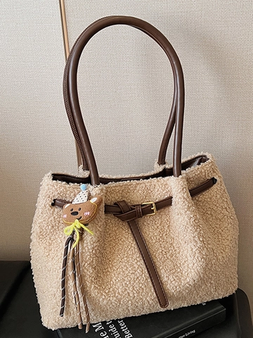 Dames Winter Pluche Lamswol Tote Bag Grote Capaciteit Schoudertas Met Schattige Beertje Hanger PU Leer Handvat Boodschappentas
