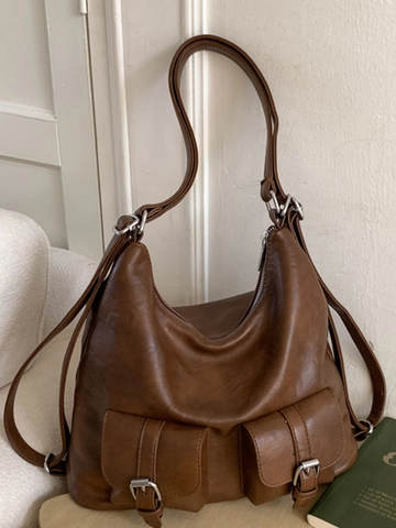 Large Capacity Retro PU Leather Tote Bag For Women Casual Multi Pocket Shoulder Bag With Adjustable Strap Fashion Handbag