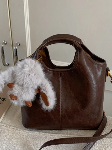 Women Retro PU Leather Bucket Bag Urban Minimalist Solid Color Shoulder Bag With Cute Plush Rabbit Pendant Crossbody Bag