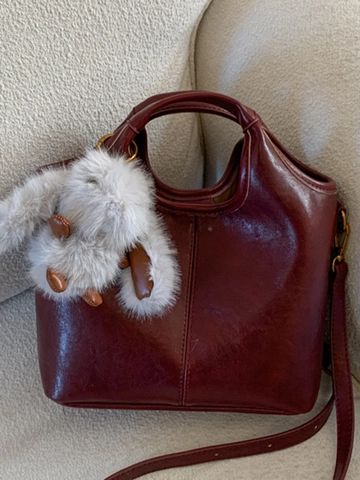 Women Retro PU Leather Bucket Bag Urban Minimalist Solid Color Shoulder Bag With Cute Plush Rabbit Pendant Crossbody Bag