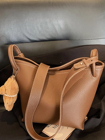 Vintage Lychee Texture PU Leather Bucket Bag For Women With Plush Bear Pendant Contrast Stitching Shoulder Bag Handbag Daily