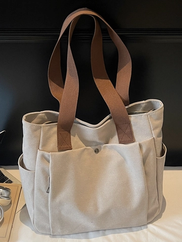 Women Large Capacity Canvas Tote Bag Casual Solid Color Shoulder Handbag For Commuting Fashion Underarm Bag With Multi-Pocket