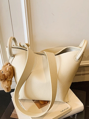 Vintage Lychee Texture PU Leather Bucket Bag For Women With Plush Bear Pendant Contrast Stitching Shoulder Bag Handbag Daily
