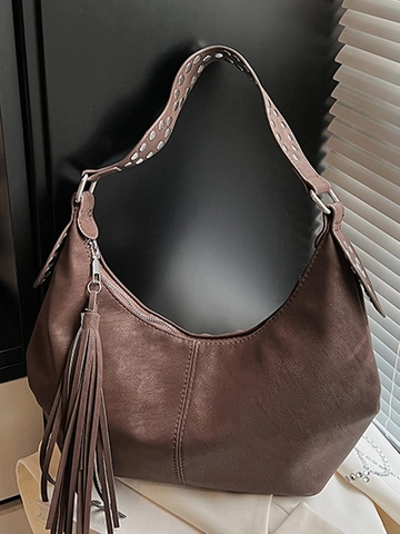 Bolso Hobo de Cuero PU para Mujer Gran Capacidad Moda Color Sólido Borlas Remaches Bolso de Hombro Minimalista Axila Diario