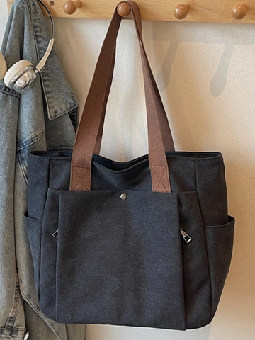 Women Large Capacity Canvas Tote Bag Casual Solid Color Shoulder Handbag For Commuting Fashion Underarm Bag With Multi-Pocket