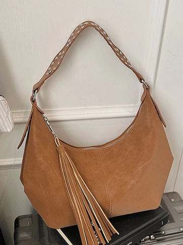 Bolso Hobo de Cuero PU para Mujer Gran Capacidad Moda Color Sólido Borlas Remaches Bolso de Hombro Minimalista Axila Diario