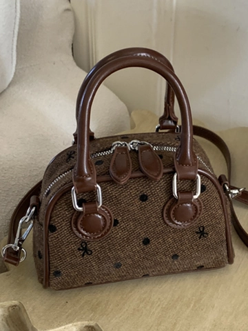 Women Retro Mini Boston Bag PU Leather Bow Knot Polka Dot Print Crossbody Shoulder Handbag Elegant Square Satchel For Daily